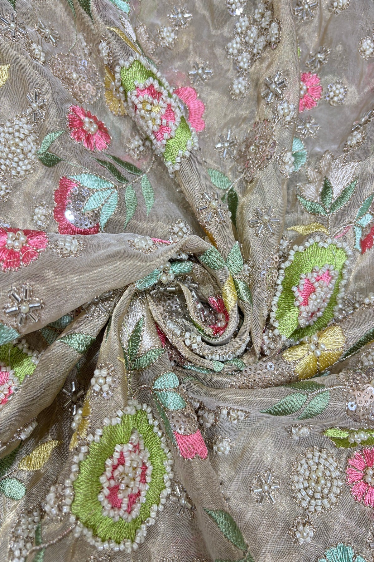 Multi Thread Floral Embroidery with Cutbeads & Pearls Highlighted Tissue Fabric