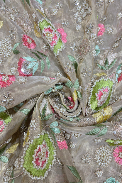Multi Thread Floral Embroidery with Cutbeads & Pearls Highlighted Tissue Fabric
