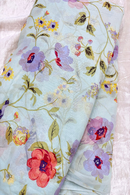 Birds & Floral Printed Pure Viscose Georgette Fabric