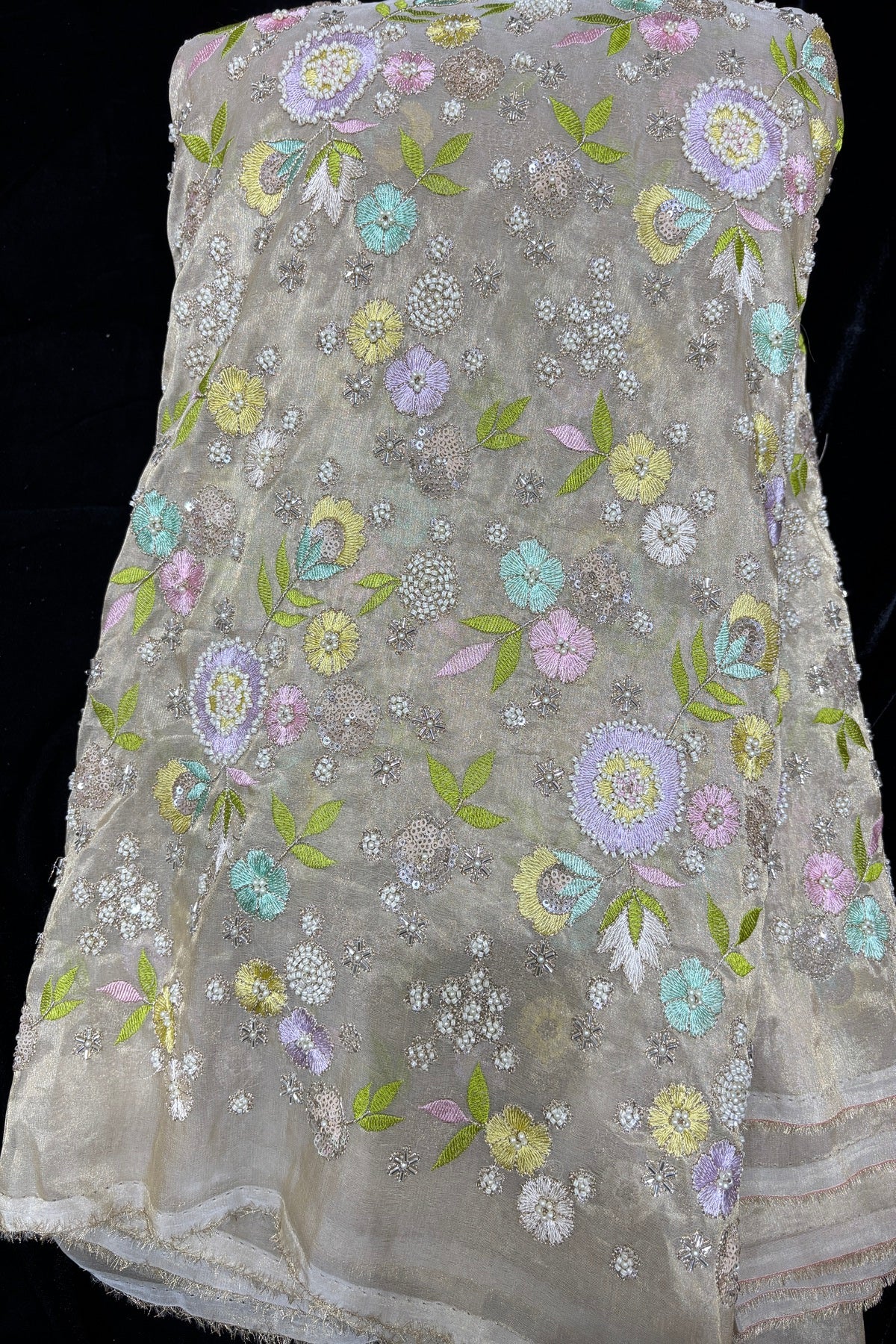 Multi Thread Floral Embroidery with Cutbeads & Pearls Highlighted Tissue Fabric