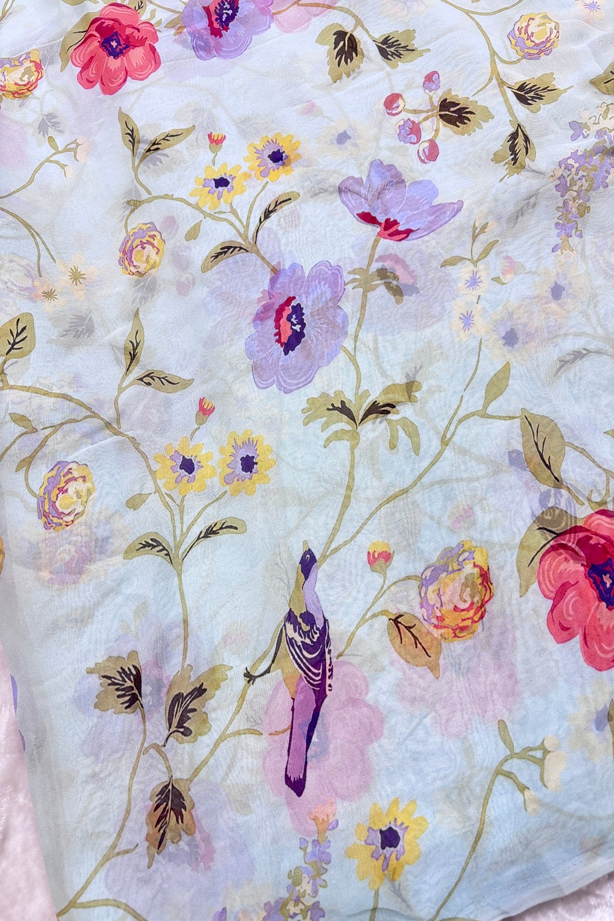 Birds & Floral Printed Pure Viscose Georgette Fabric