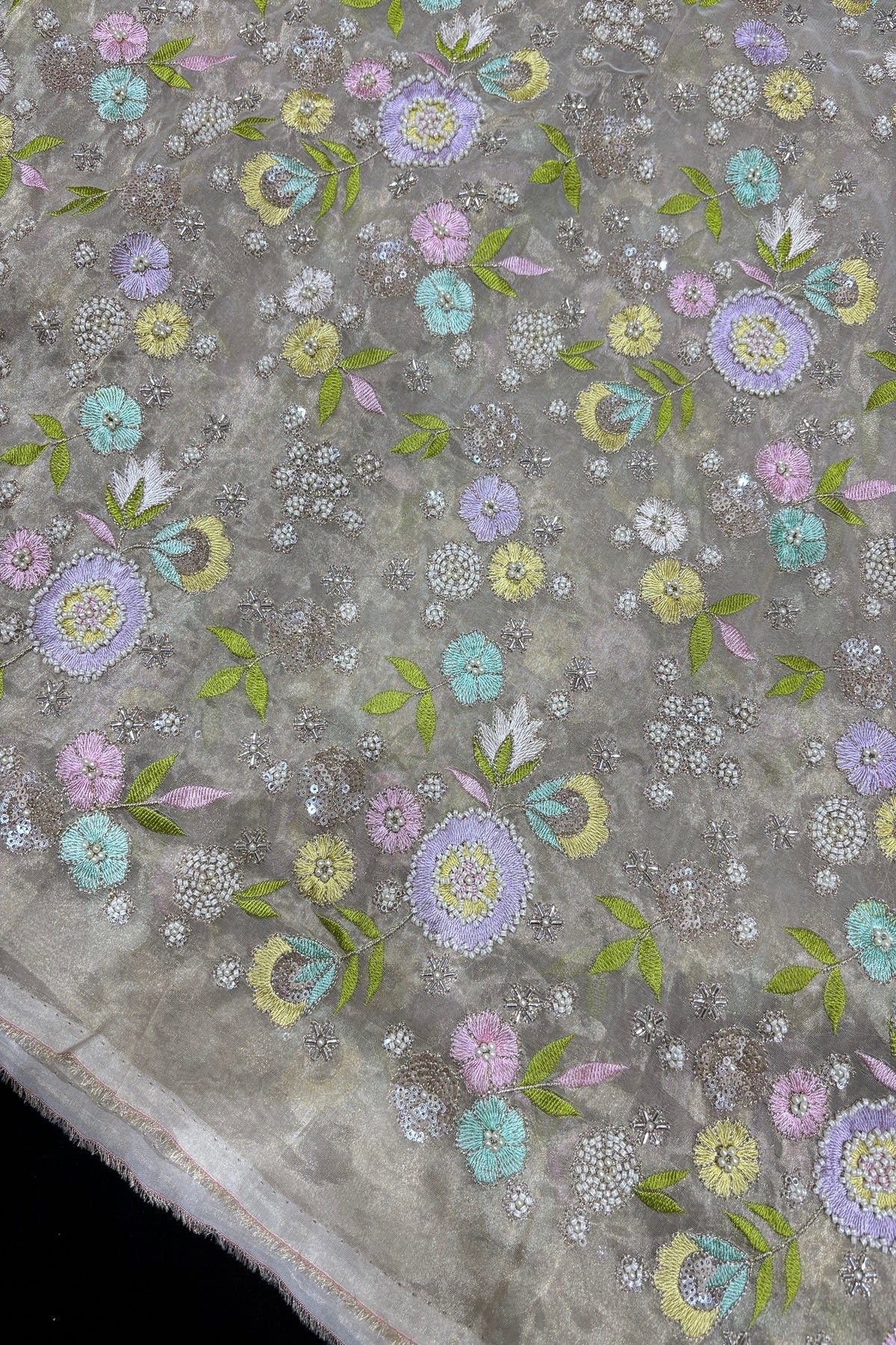 Multi Thread Floral Embroidery with Cutbeads & Pearls Highlighted Tissue Fabric