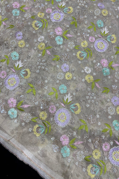 Multi Thread Floral Embroidery with Cutbeads & Pearls Highlighted Tissue Fabric