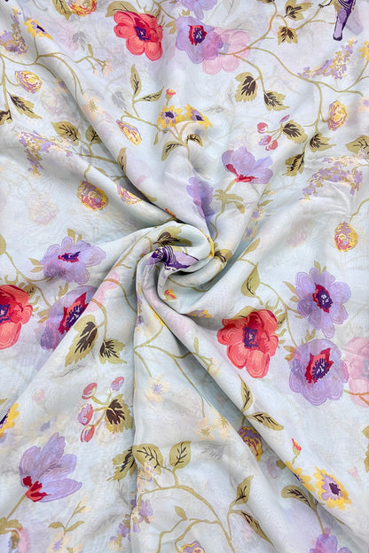 Birds & Floral Printed Pure Viscose Georgette Fabric