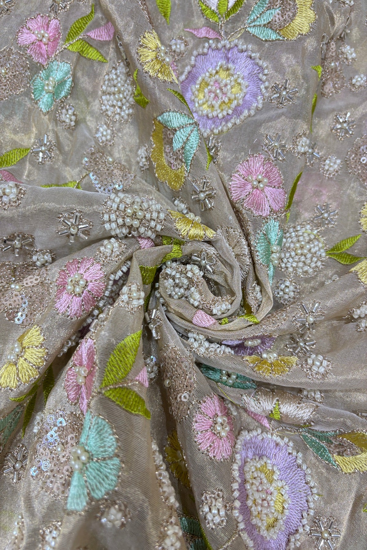 Multi Thread Floral Embroidery with Cutbeads & Pearls Highlighted Tissue Fabric
