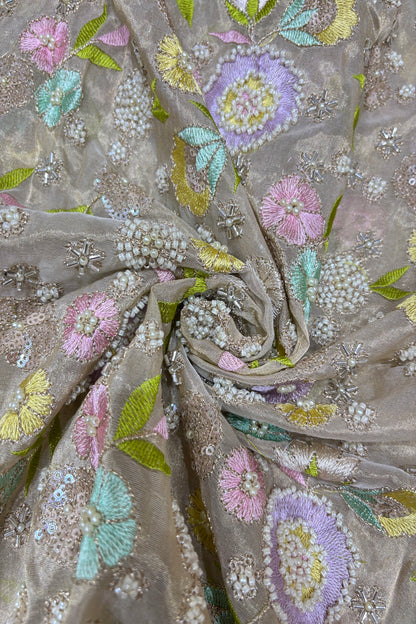 Multi Thread Floral Embroidery with Cutbeads & Pearls Highlighted Tissue Fabric