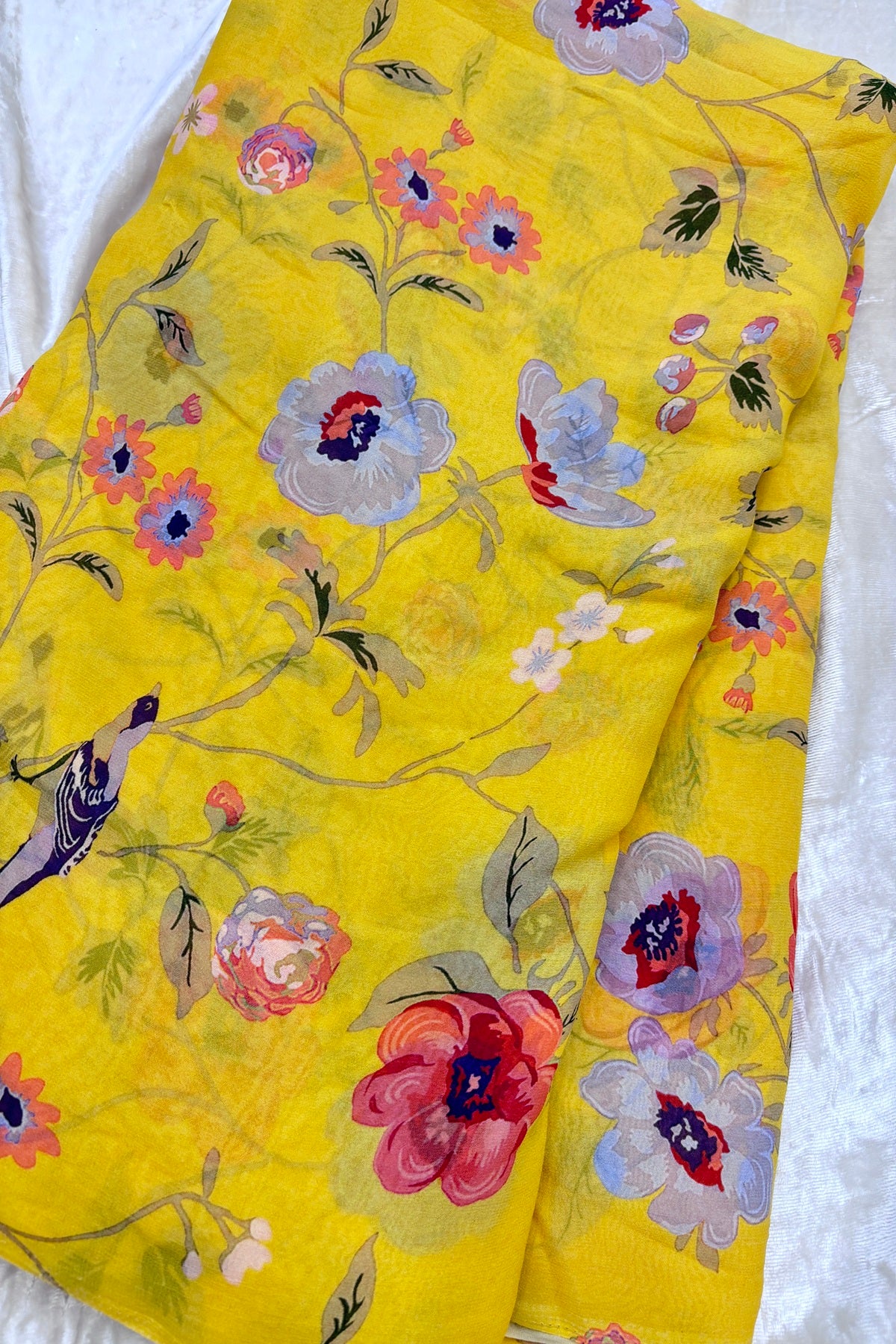 Birds & Floral Printed Pure Viscose Georgette Fabric