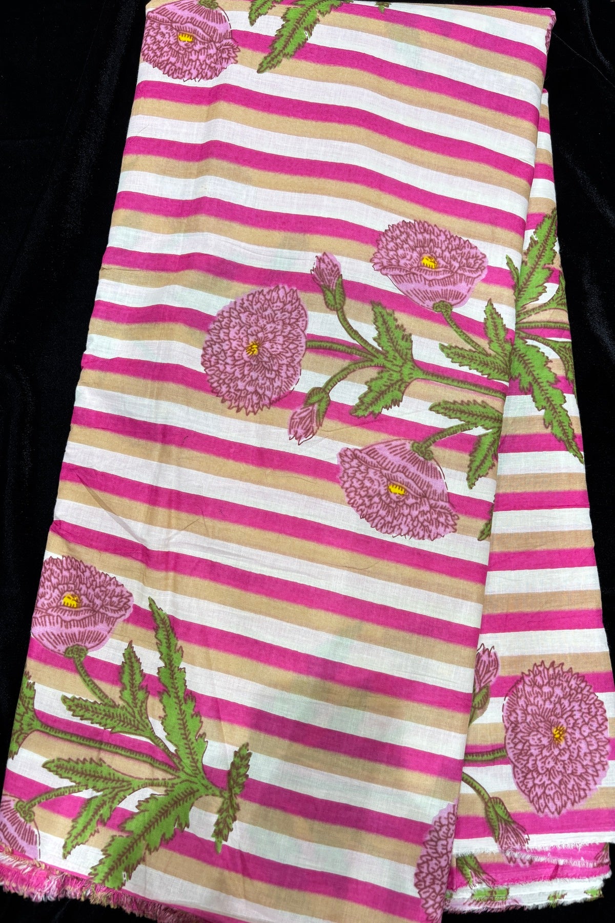 Poppy Floral Motifs With Vertical Stripe’s Printed Pure Cotton Fabric