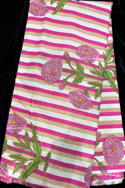 Poppy Floral Motifs With Vertical Stripe’s Printed Pure Cotton Fabric