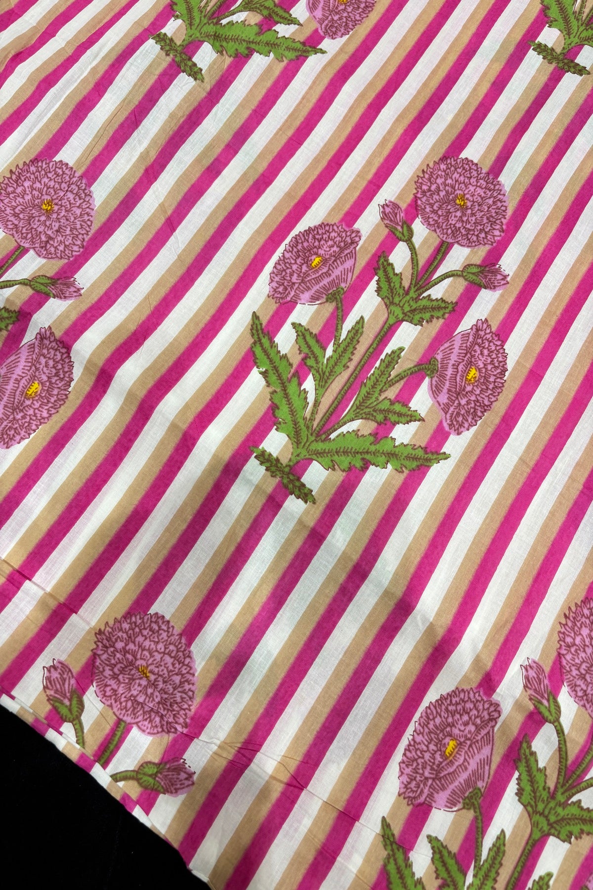 Poppy Floral Motifs With Vertical Stripe’s Printed Pure Cotton Fabric