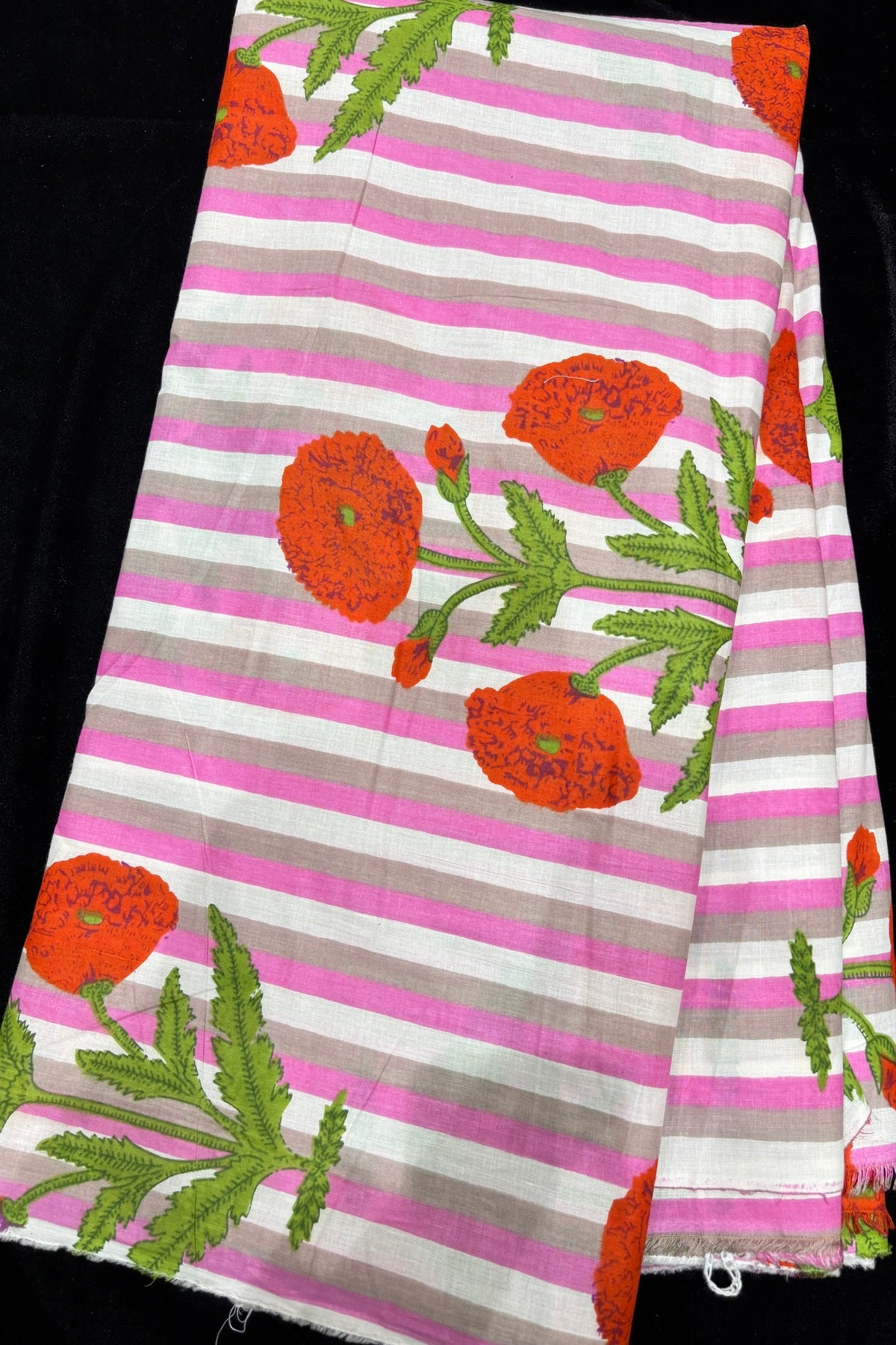 Poppy Floral Motifs With Vertical Stripe’s Printed Pure Cotton Fabric