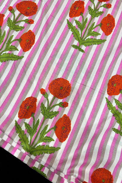 Poppy Floral Motifs With Vertical Stripe’s Printed Pure Cotton Fabric
