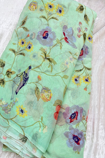 Birds & Floral Printed Pure Viscose Georgette Fabric