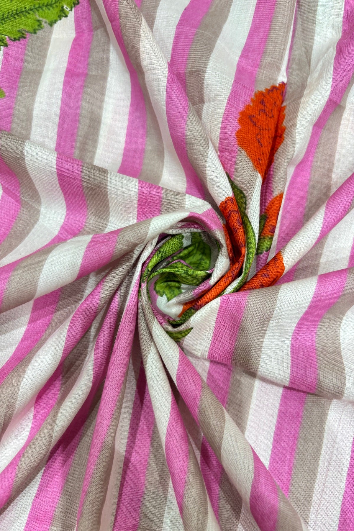 Poppy Floral Motifs With Vertical Stripe’s Printed Pure Cotton Fabric