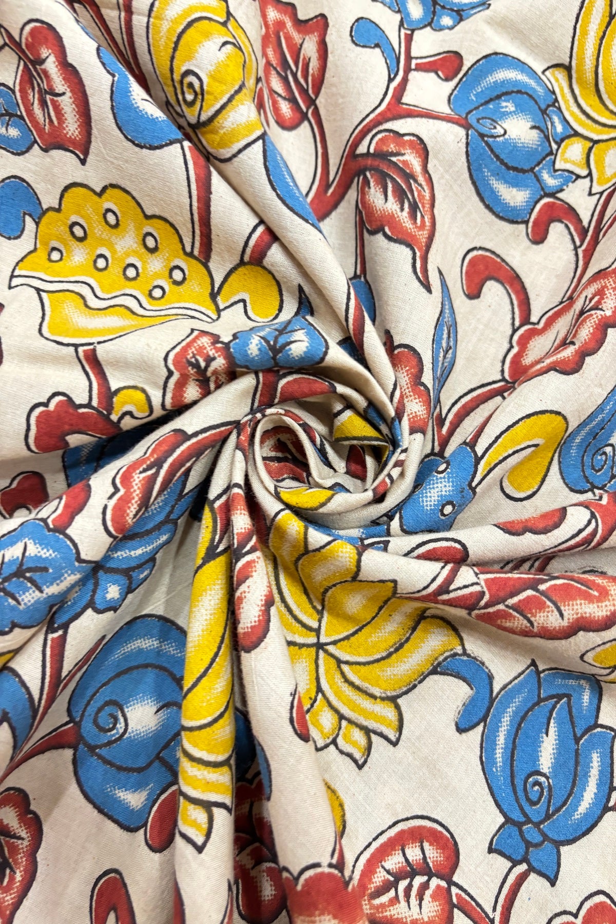 Lotus & Floral Inspired Kalamkari Printed Cotton Fabric