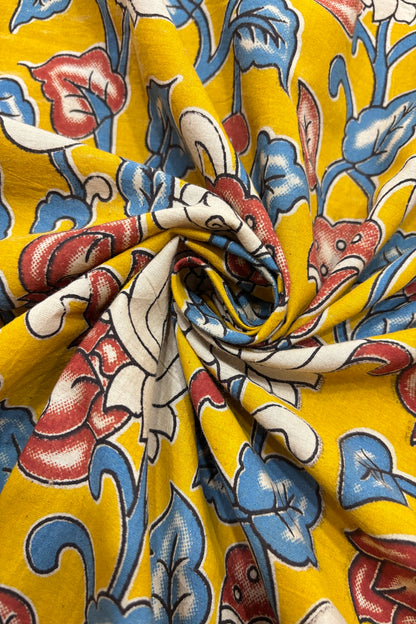 Lotus & Floral Inspired Kalamkari Printed Cotton Fabric