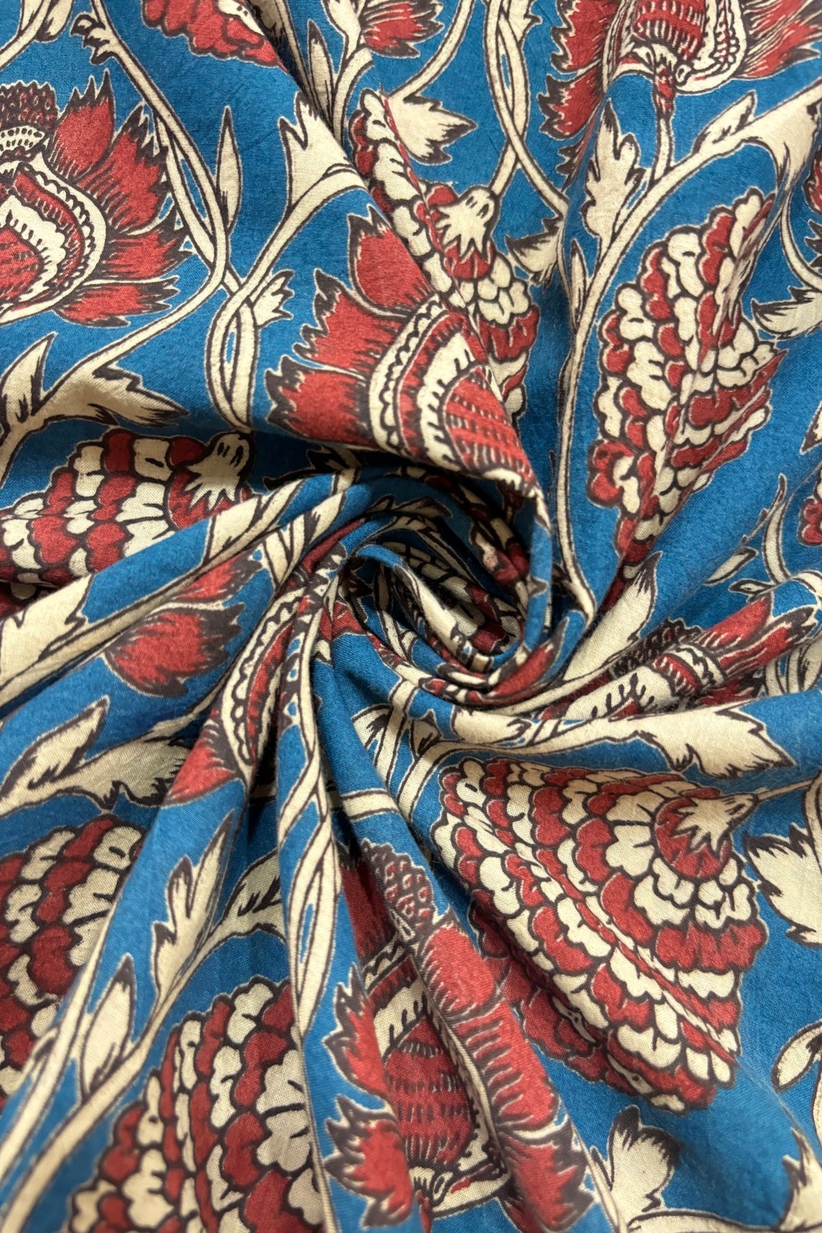 Pine Floral Vines Hand block Printed Pure Cotton Kalamkari Fabric
