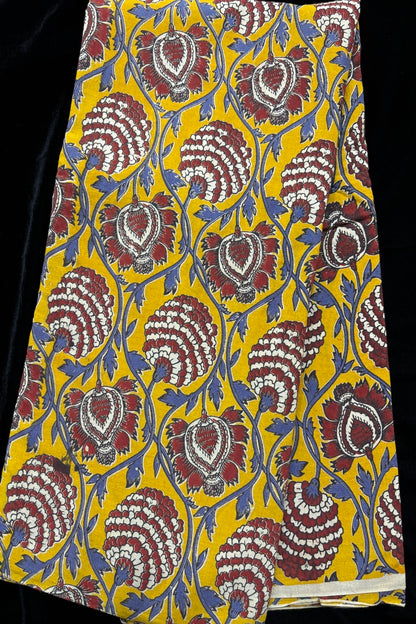 Pine Floral Vines Hand block Printed Pure Cotton Kalamkari Fabric