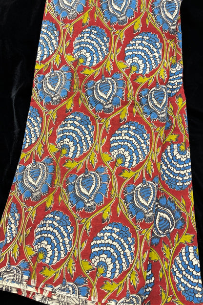 Pine Floral Vines Hand block Printed Pure Cotton Kalamkari Fabric