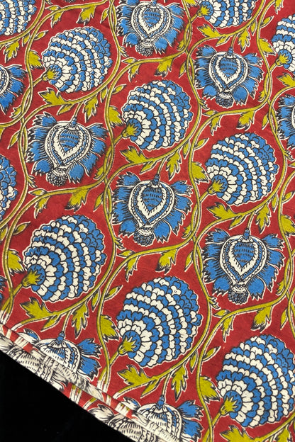 Pine Floral Vines Hand block Printed Pure Cotton Kalamkari Fabric