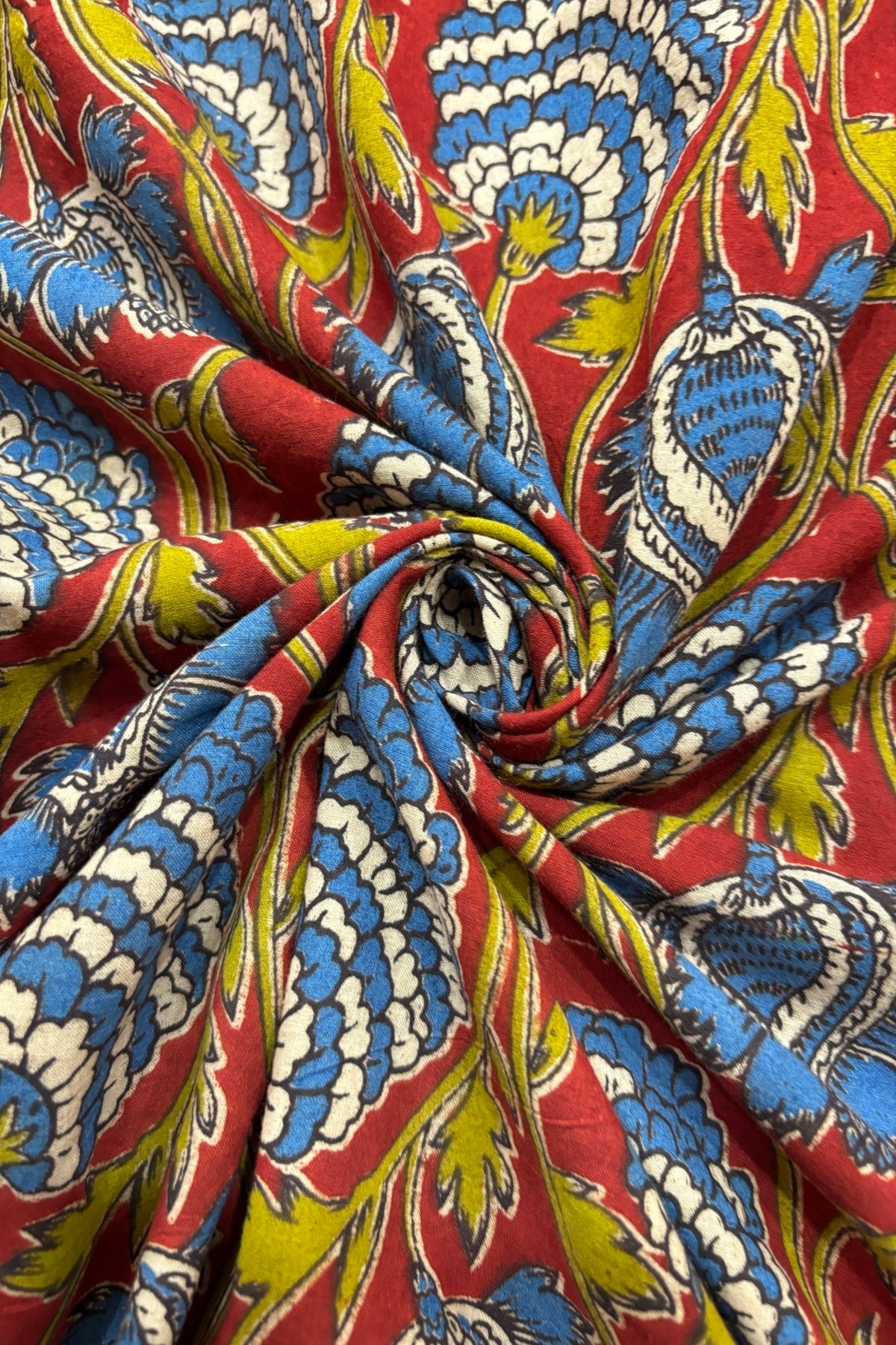 Pine Floral Vines Hand block Printed Pure Cotton Kalamkari Fabric