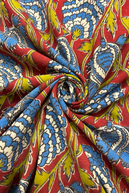 Pine Floral Vines Hand block Printed Pure Cotton Kalamkari Fabric