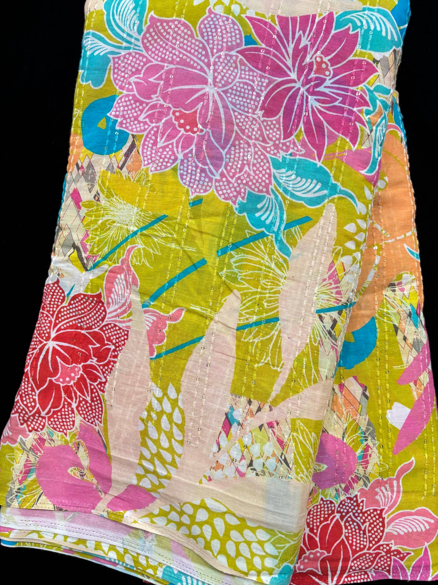 Abstract Floral Prints With Sequins Highlighted Cotton Fabric