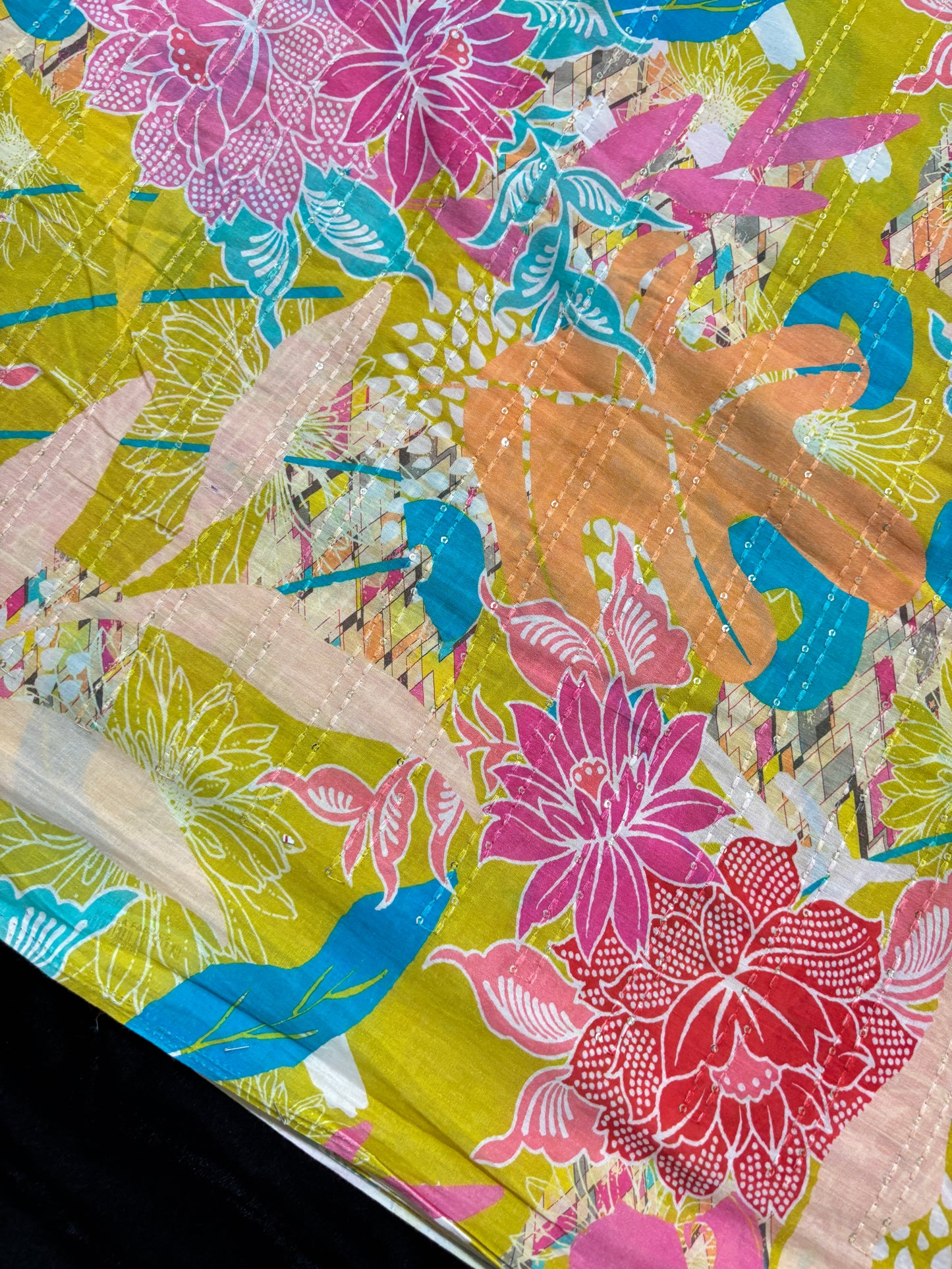 Abstract Floral Prints With Sequins Highlighted Cotton Fabric