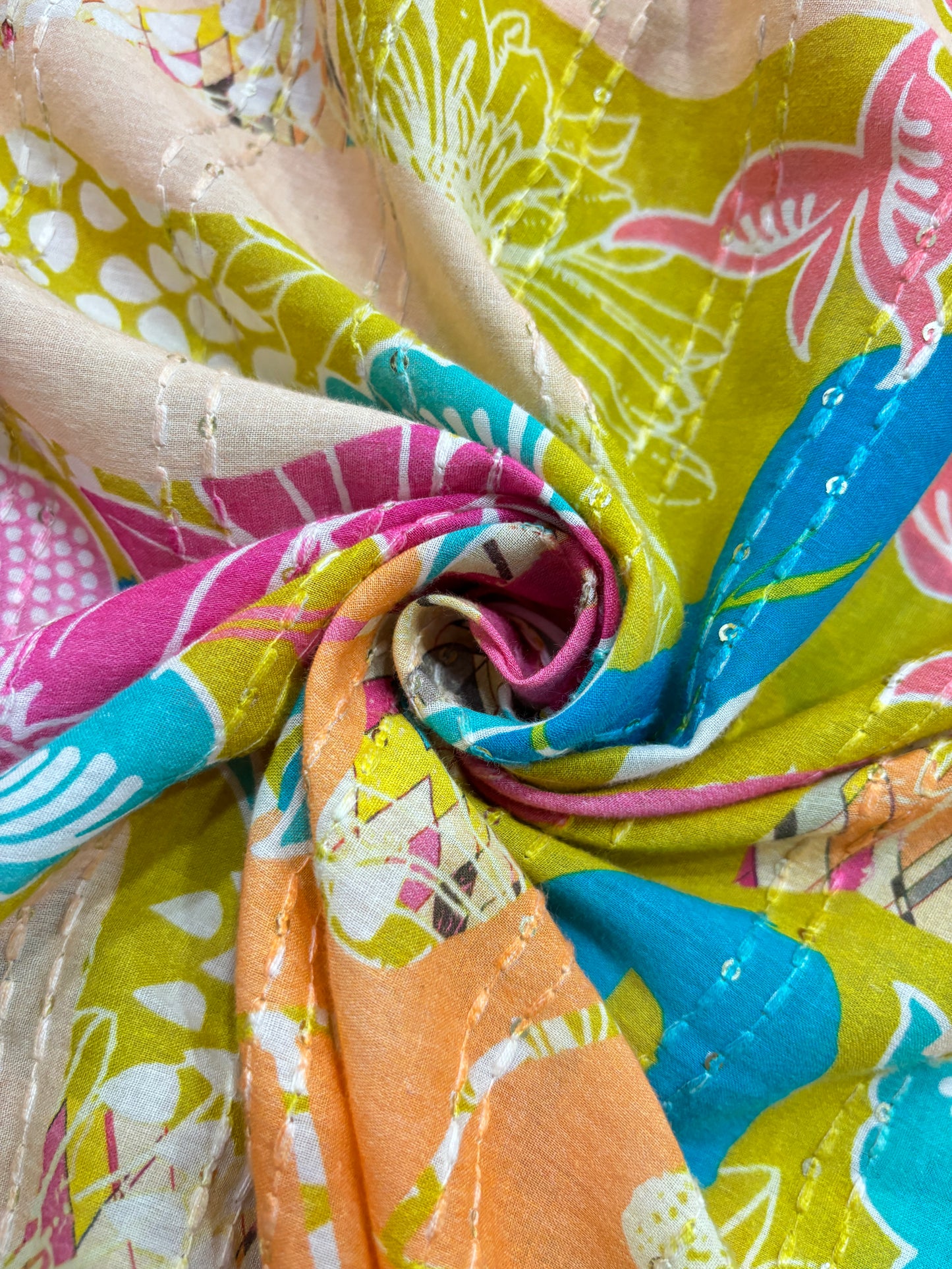 Abstract Floral Prints With Sequins Highlighted Cotton Fabric