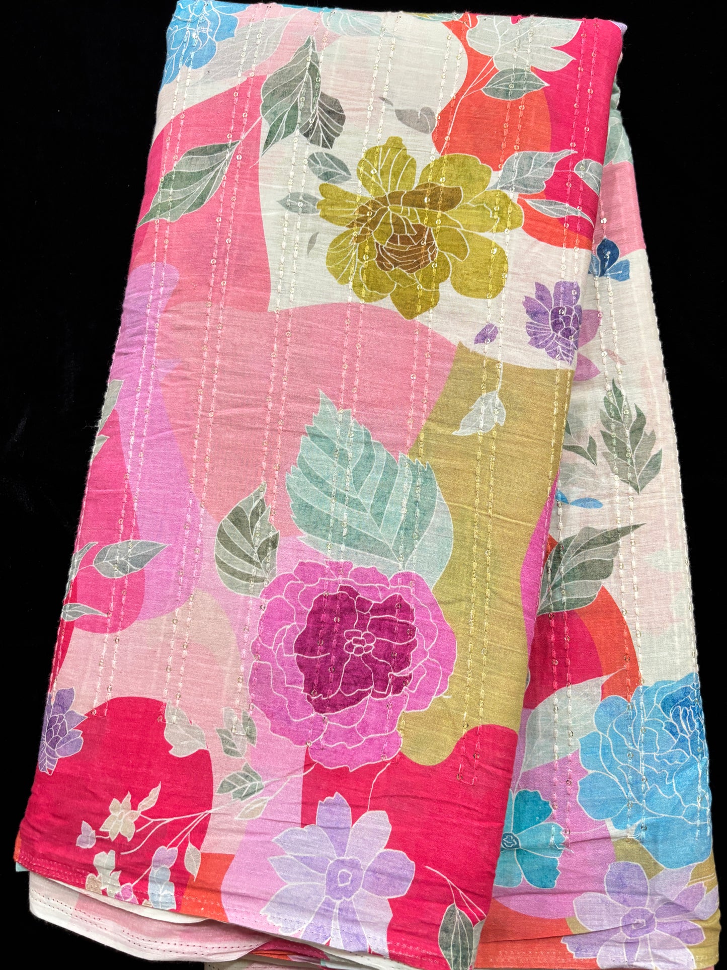 Abstract Floral Prints With Sequins Highlighted Cotton Fabric