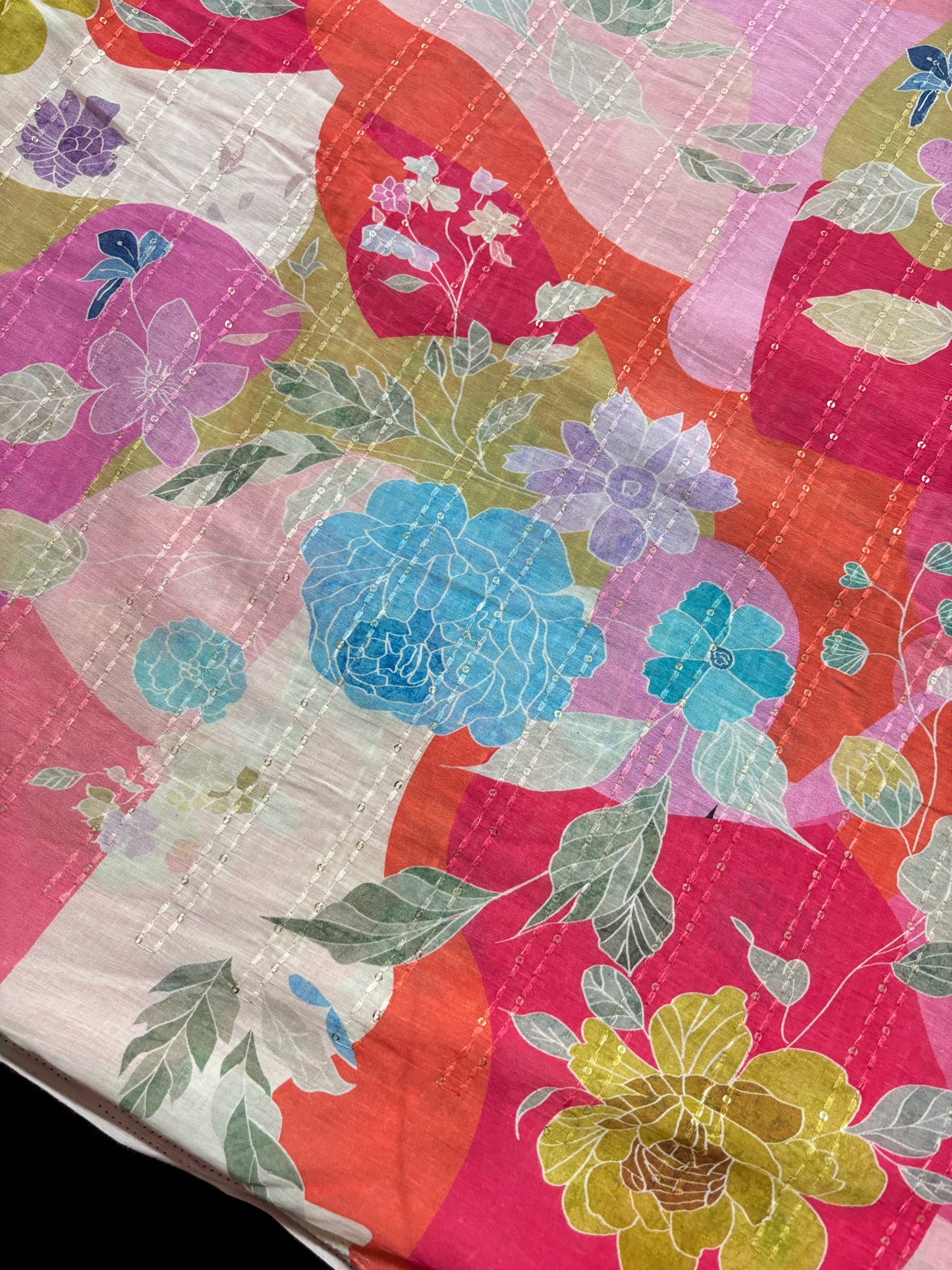Abstract Floral Prints With Sequins Highlighted Cotton Fabric