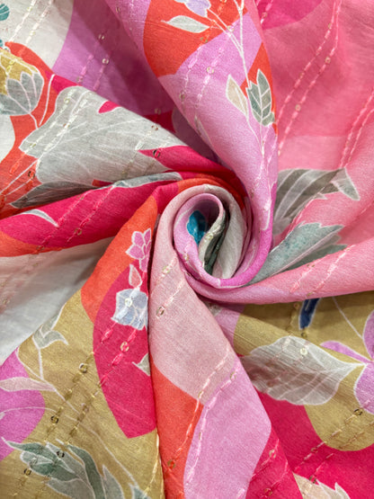 Abstract Floral Prints With Sequins Highlighted Cotton Fabric