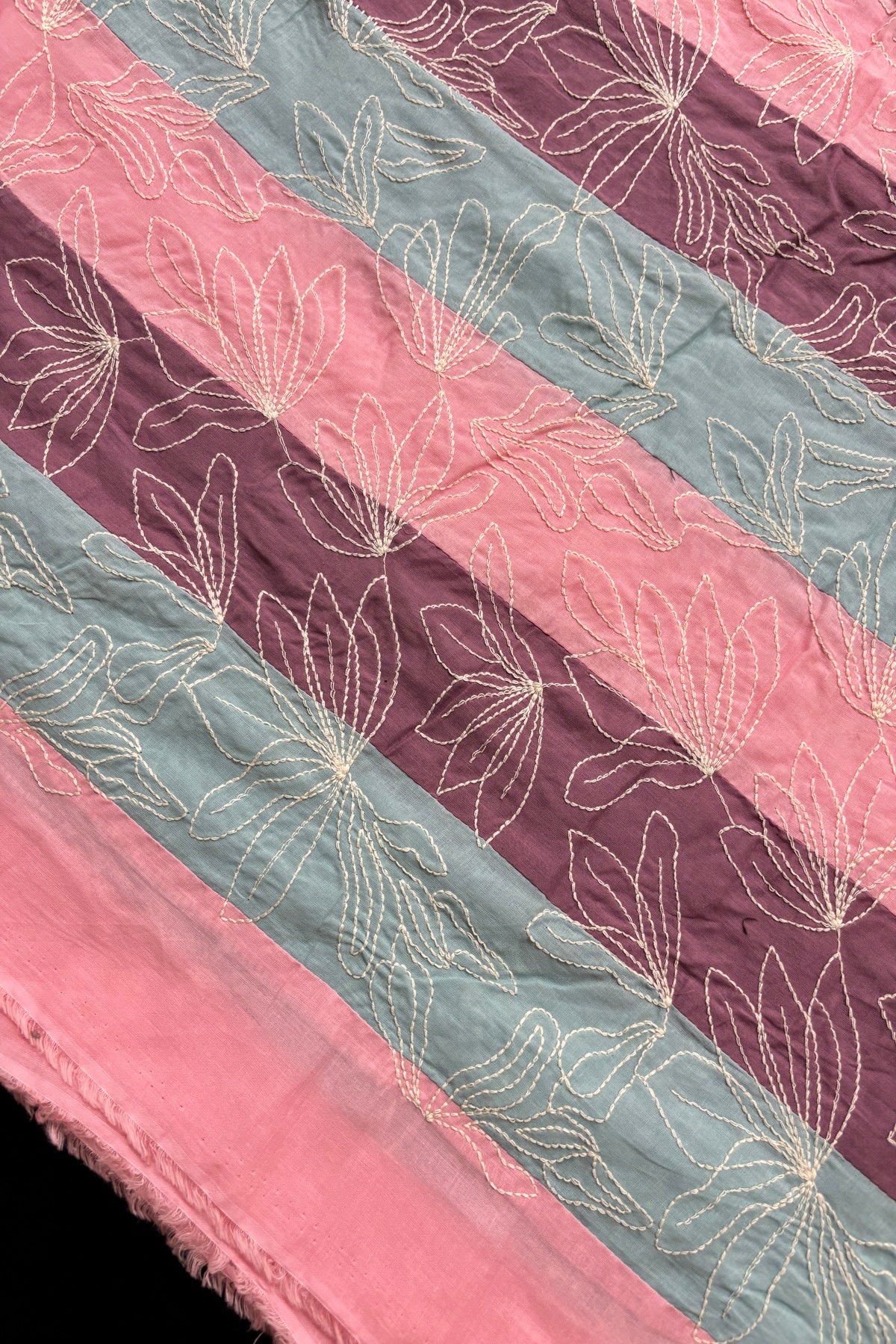 Lotus Motif Kantha Worked on Multi Striped Cotton Fabric