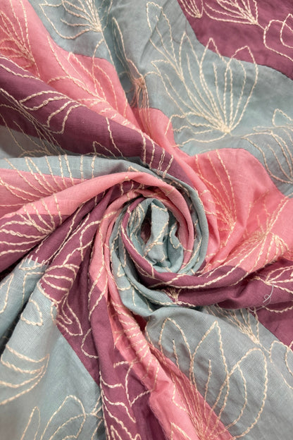 Lotus Motif Kantha Worked on Multi Striped Cotton Fabric