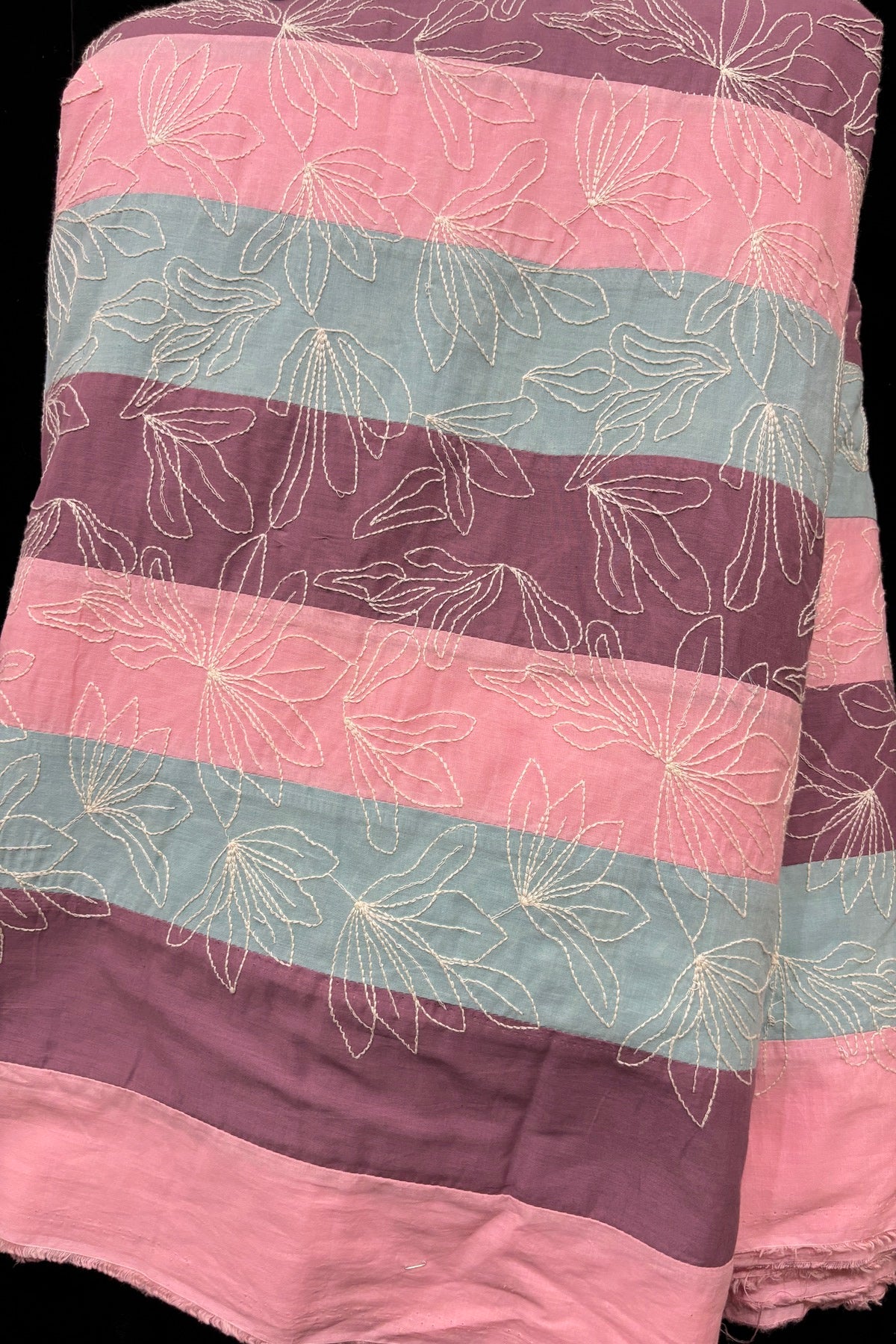 Lotus Motif Kantha Worked on Multi Striped Cotton Fabric