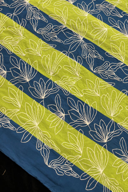 Lotus Motif Kantha Worked on Multi Striped Cotton Fabric