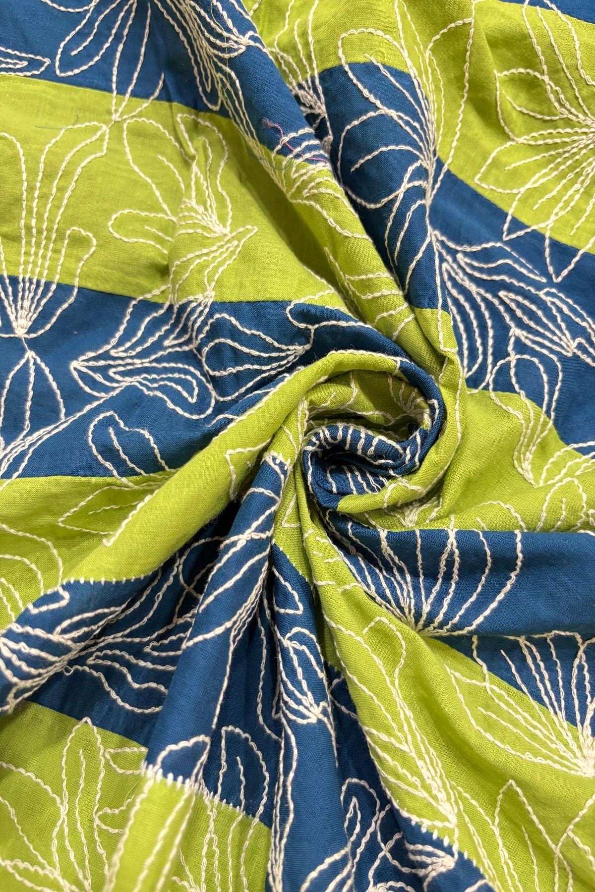 Lotus Motif Kantha Worked on Multi Striped Cotton Fabric
