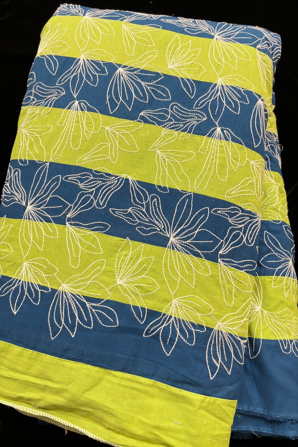 Lotus Motif Kantha Worked on Multi Striped Cotton Fabric