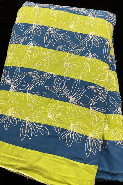 Lotus Motif Kantha Worked on Multi Striped Cotton Fabric
