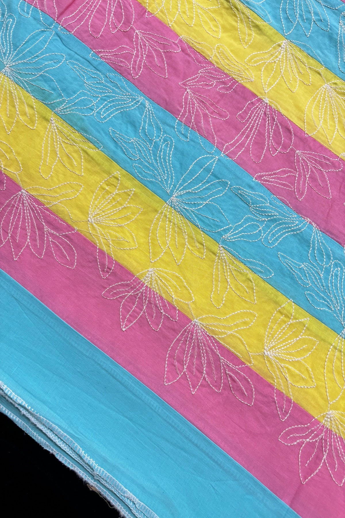 Lotus Motif Kantha Worked on Multi Striped Cotton Fabric