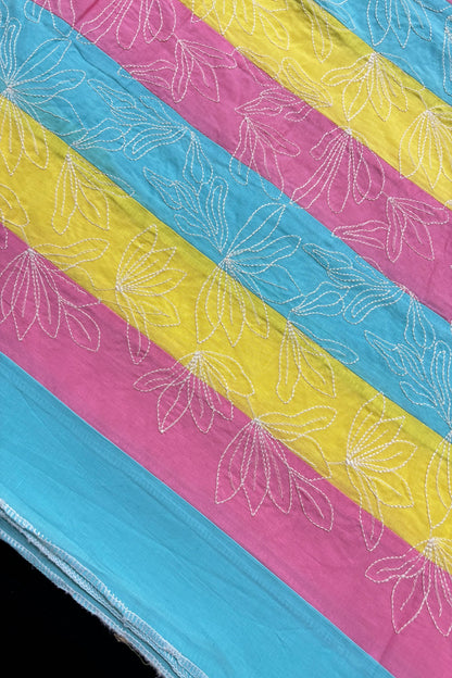 Lotus Motif Kantha Worked on Multi Striped Cotton Fabric