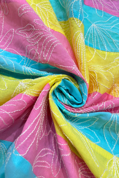 Lotus Motif Kantha Worked on Multi Striped Cotton Fabric