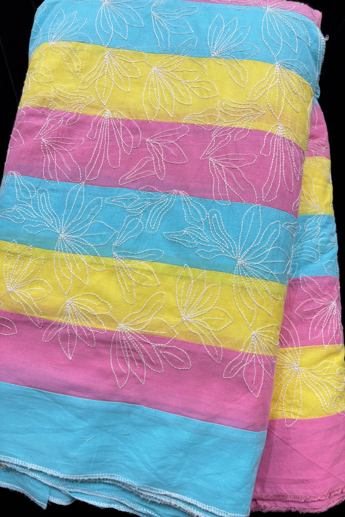 Lotus Motif Kantha Worked on Multi Striped Cotton Fabric