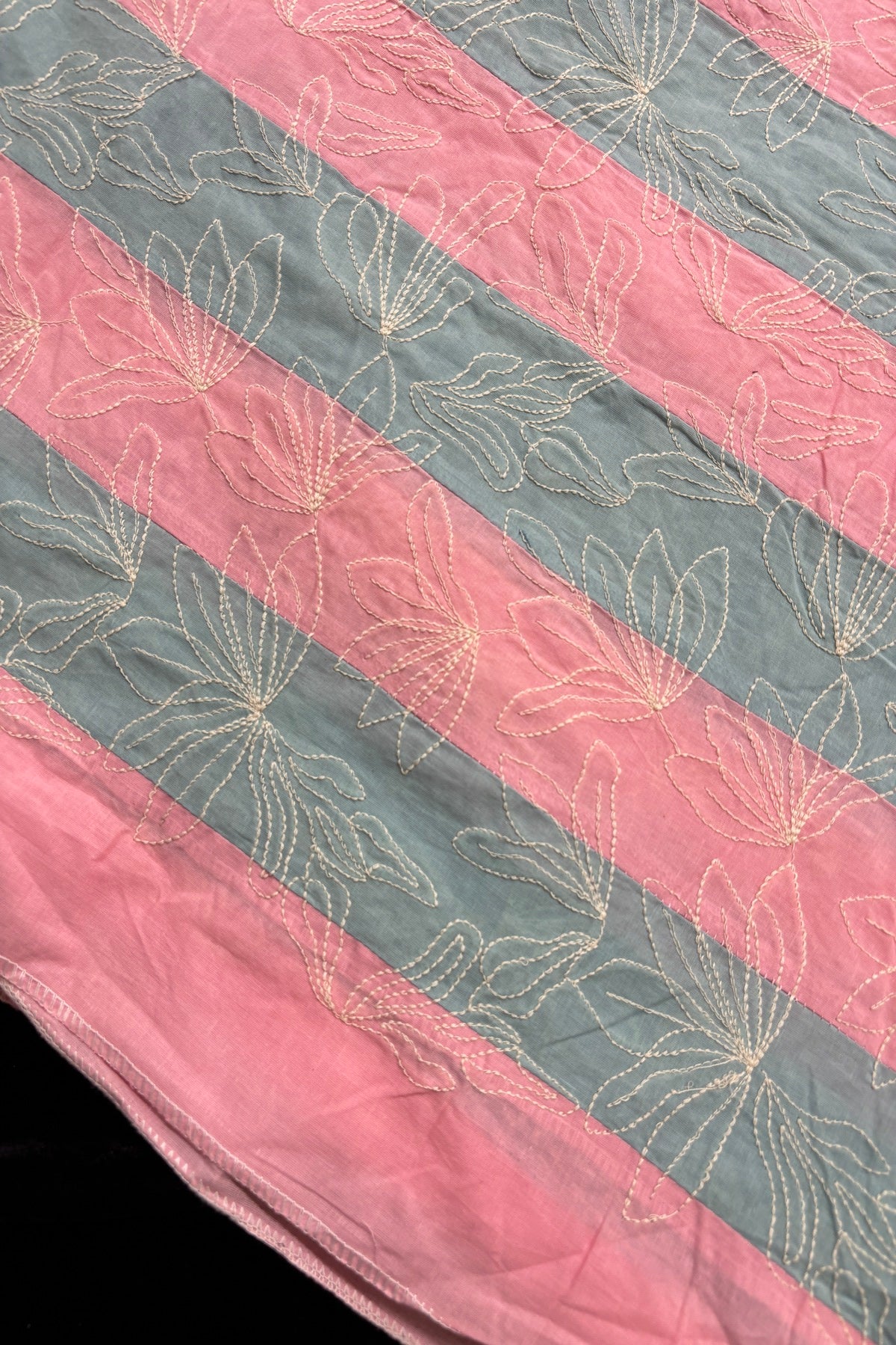 Lotus Motif Kantha Worked on Multi Striped Cotton Fabric