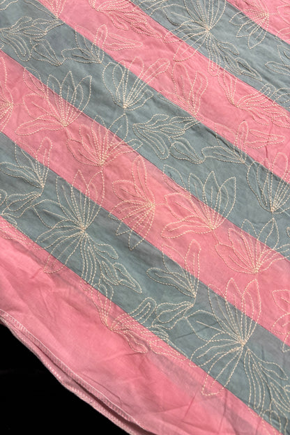 Lotus Motif Kantha Worked on Multi Striped Cotton Fabric