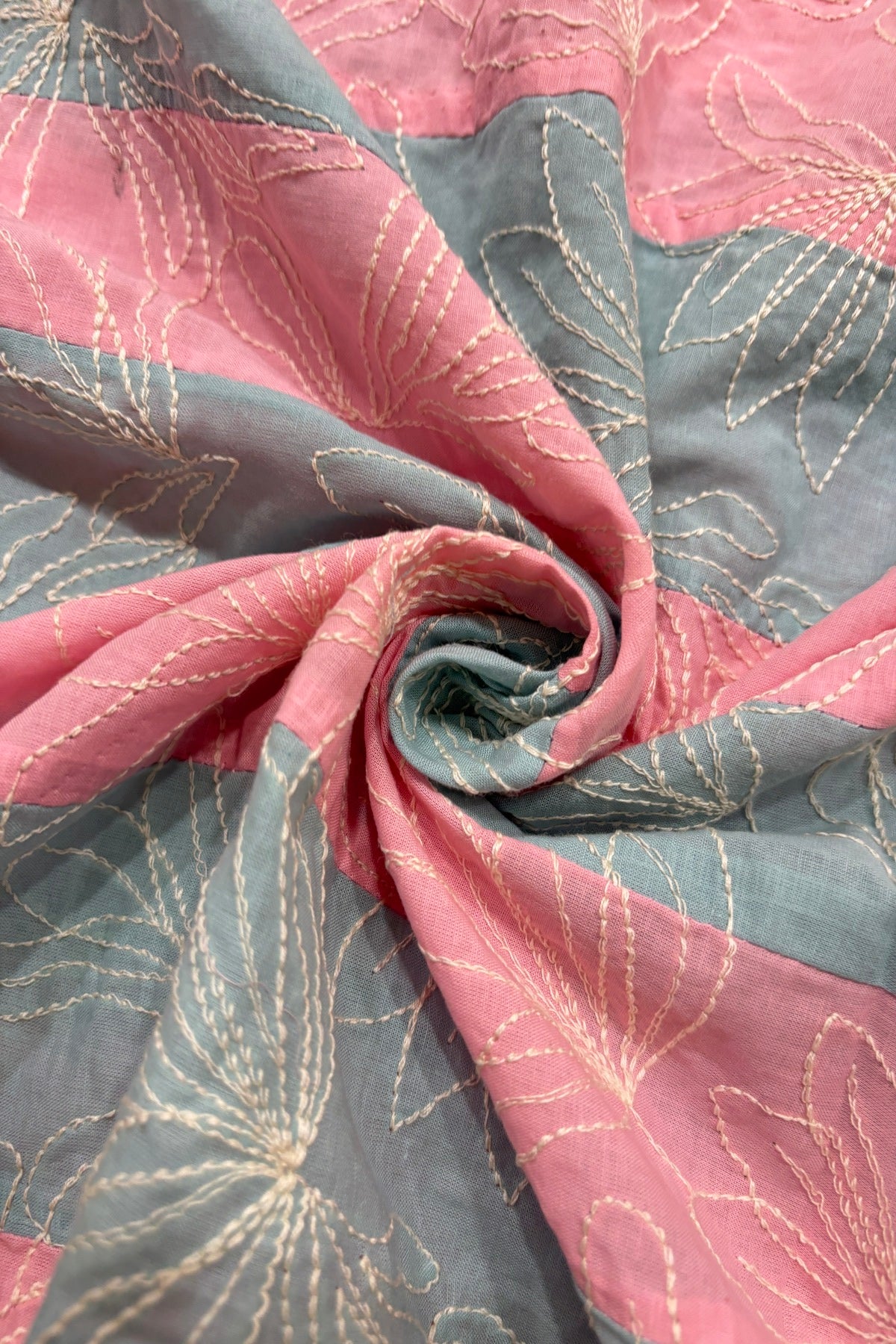 Lotus Motif Kantha Worked on Multi Striped Cotton Fabric