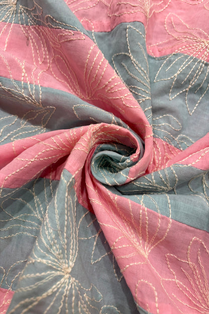 Lotus Motif Kantha Worked on Multi Striped Cotton Fabric
