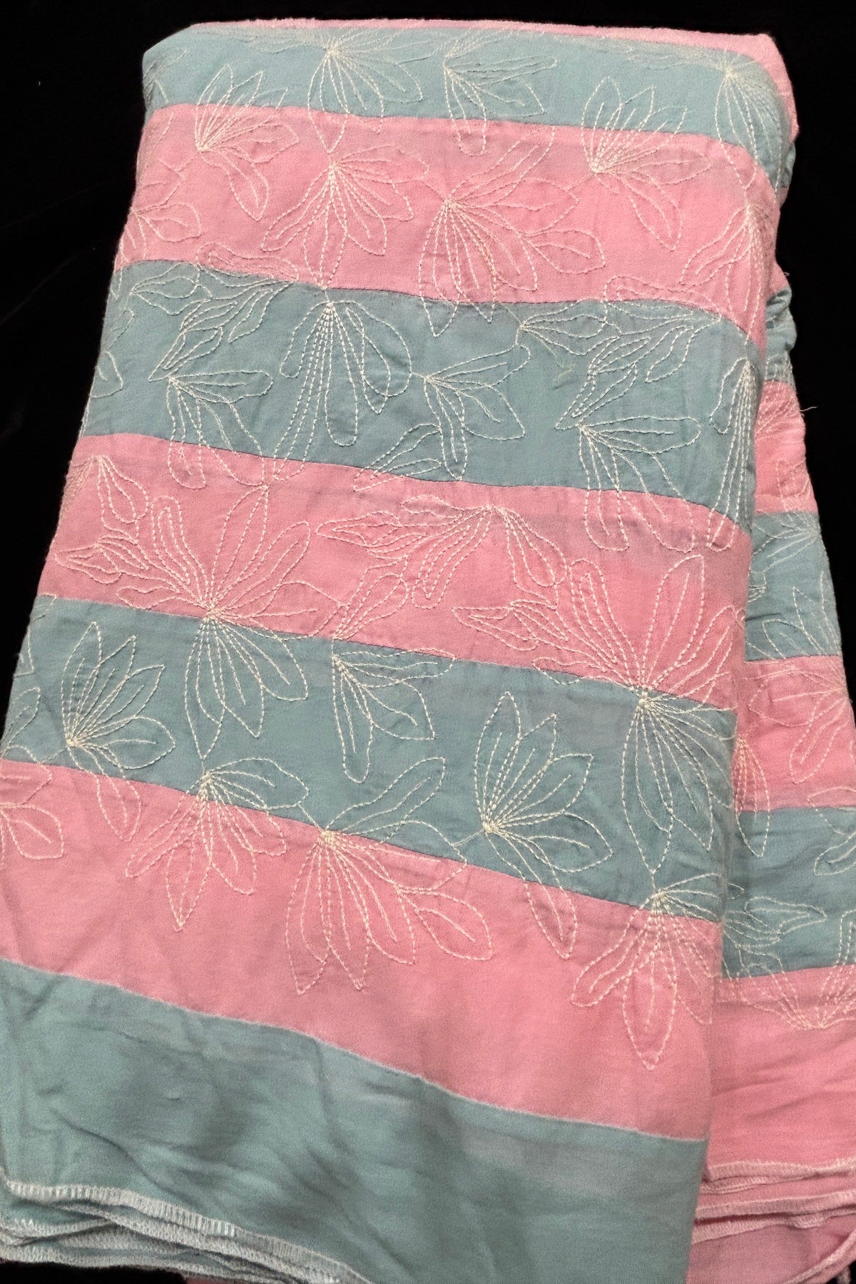 Lotus Motif Kantha Worked on Multi Striped Cotton Fabric