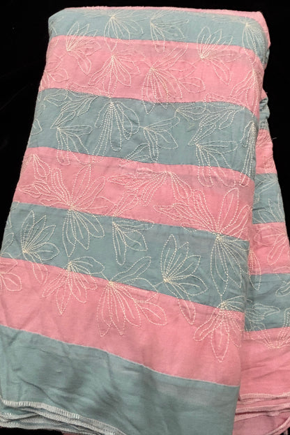 Lotus Motif Kantha Worked on Multi Striped Cotton Fabric