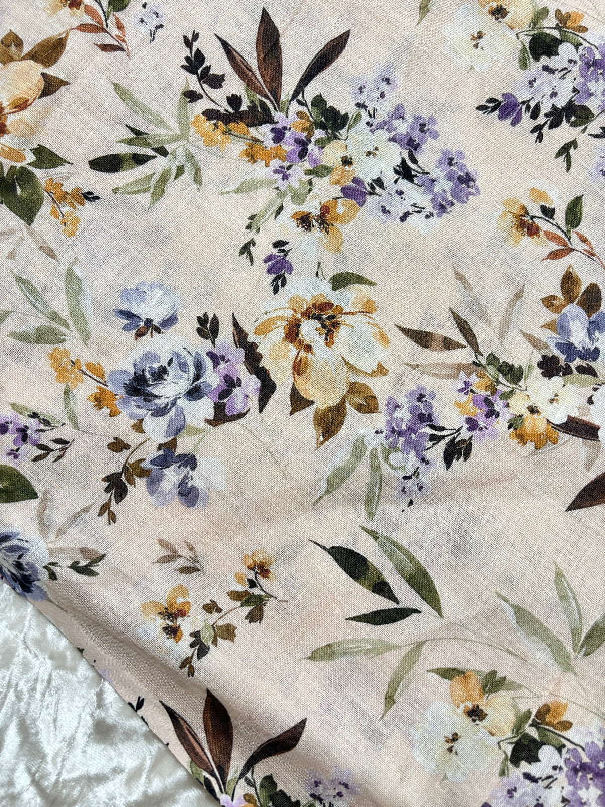 Muted Blues & Purple Shades of Water Colored Florals Printed Pure Lenin Fabric